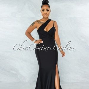 Black front drape side slit maxi dress